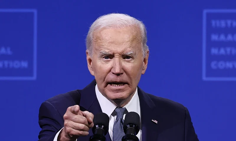 LAS VEGAS, NEVADA - JULY 16: U.S. President Joe Biden speaks at the 115th NAACP National Convention at the Mandalay Bay Convention Center on July 16, 2024 in Las Vegas, Nevada. Biden returned to the campaign trail, delivering remarks at the NAACP convention today, and will tomorrow to the UnidosUS Annual Conference during a visit to the battleground state of Nevada. (Photo by Mario Tama/Getty Images)