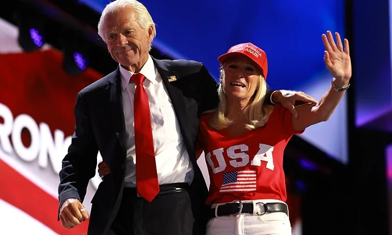 MILWAUKEE, WISCONSIN - JULY 17: Former director of the US Office of Trade and Manufacturing Policy Peter Navarro walks off stage with his "Wife Bonnie" on the third day of the Republican National Convention at the Fiserv Forum on July 17, 2024 in Milwaukee, Wisconsin. Delegates, politicians, and the Republican faithful are in Milwaukee for the annual convention, concluding with former President Donald Trump accepting his party's presidential nomination. The RNC takes place from July 15-18. (Photo by Joe Raedle/Getty Images)