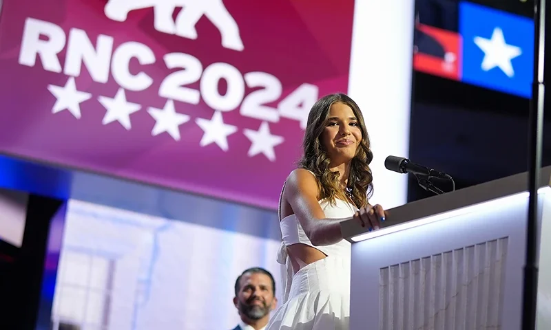 MILWAUKEE, WISCONSIN - JULY 17: Daughter of Donald Trump Jr., Kai Trump speaks on stage on the third day of the Republican National Convention at the Fiserv Forum on July 17, 2024 in Milwaukee, Wisconsin. Delegates, politicians, and the Republican faithful are in Milwaukee for the annual convention, concluding with former President Donald Trump accepting his party's presidential nomination. The RNC takes place from July 15-18. (Photo by Andrew Harnik/Getty Images)