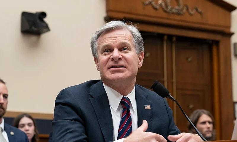 FBI Director Christopher Wray appears before the House Judiciary Committee on Capitol Hill in Washington, DC, on July 24, 2024. The gunman who attempted to assassinate Donald Trump at a campaign rally searched online for details about the November 1963 shooting of US president John F. Kennedy in the days before the attack, the FBI director said. FBI chief Christopher Wray, testifying before a congressional committee, also said the gunman flew a drone over the area where the former president was scheduled to speak about two hours before he took the stage. (Photo by Chris Kleponis / AFP) (Photo by CHRIS KLEPONIS/AFP via Getty Images)