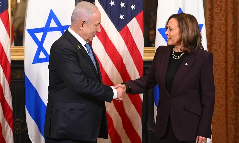 TOPSHOT - US Vice President Kamala Harris meets with Israeli Prime Minister Benjamin Netanyahu in the Vice President's ceremonial office at the Eisenhower Executive Office Building in Washington, DC, on July 25, 2024. (Photo by ROBERTO SCHMIDT / AFP) (Photo by ROBERTO SCHMIDT/AFP via Getty Images)