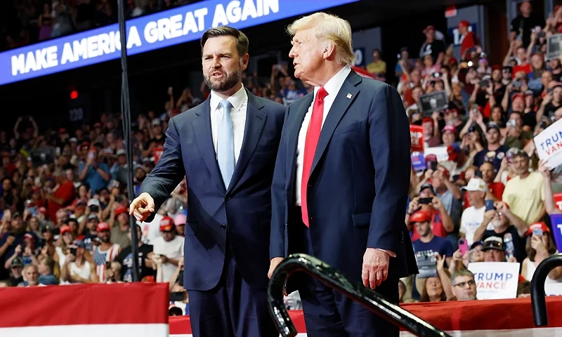 GRAND RAPIDS, MICHIGAN - JULY 20: Republican presidential nominee, former U.S. President Donald Trump stands onstage with Republican vice presidential candidate, Sen. J.D. Vance (R-OH) during a campaign rally at the Van Andel Arena on July 20, 2024 in Grand Rapids, Michigan. Trump's campaign event is the first joint event with Vance and the first campaign rally since the attempted assassination attempt his rally in Butler, Pennsylvania. (Photo by Anna Moneymaker/Getty Images)