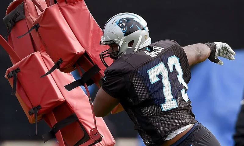 SAN JOSE, CA - FEBRUARY 03: Offensive Tackle Michael Oher #73 of the Carolina Panthers participates in drills during practice prior to Super Bowl 50 at San Jose State University on February 3, 2016 in San Jose, California. (Photo by Thearon W. Henderson/Getty Images)