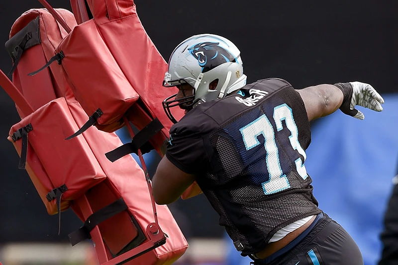 SAN JOSE, CA - FEBRUARY 03: Offensive Tackle Michael Oher #73 of the Carolina Panthers participates in drills during practice prior to Super Bowl 50 at San Jose State University on February 3, 2016 in San Jose, California. (Photo by Thearon W. Henderson/Getty Images)