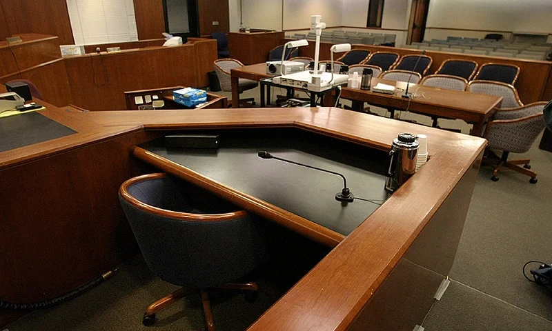 A view from behind the witness stand looking towards the gallery in Courtroom #8 which will be full of prospective jury candidates. (Photo by Spencer Weiner-Pool/Getty Images)