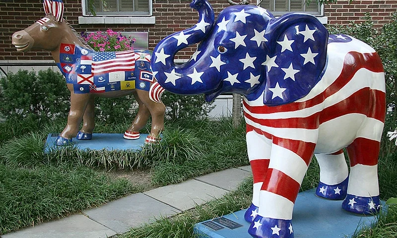 The symbols of the Democratic(L) (donkey) and Republican (elephant) parties are seen on display in Washington, DC on August 25, 2008. The Democratic National Convention kicks off Monday in Denver Colorado followed by the Republican National Convention next week in St. Paul, Minnesota. AFP PHOTO/Karen BLEIER (Photo credit should read KAREN BLEIER/AFP via Getty Images)