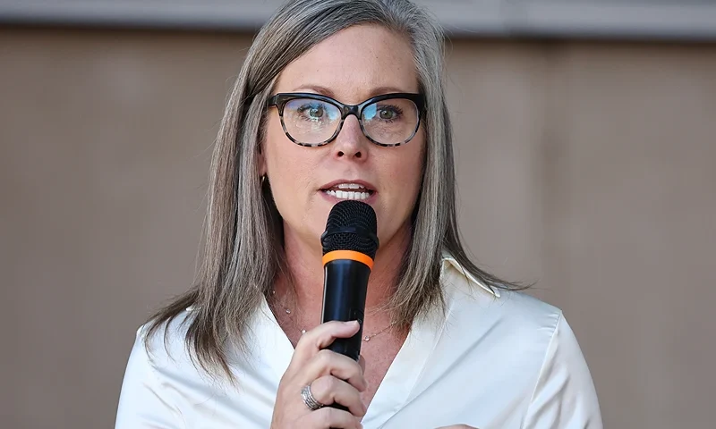 TUCSON, ARIZONA - OCTOBER 07: Arizona Secretary of State and Democratic gubernatorial candidate Katie Hobbs speaks at a press conference calling for abortion rights outside the Evo A. DeConcini U.S. Courthouse on October 7, 2022 in Tucson, Arizona. Hobbs discussed Arizona’s near-total abortion ban, which dates back to 1864, and her aim to restore abortion rights in the state. (Photo by Mario Tama/Getty Images)