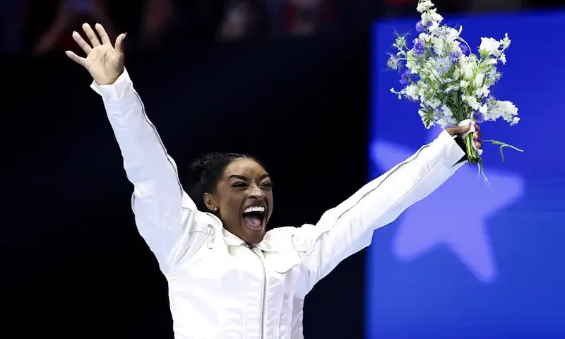 Simone Biles reacts after being selected for the 2024 U.S. Olympic Women's gymnastics team during the U.S. Olympic Team Gymnastics Trials at Target Center. Mandatory Credit: Matt Krohn-USA TODAY Sports/File Photo