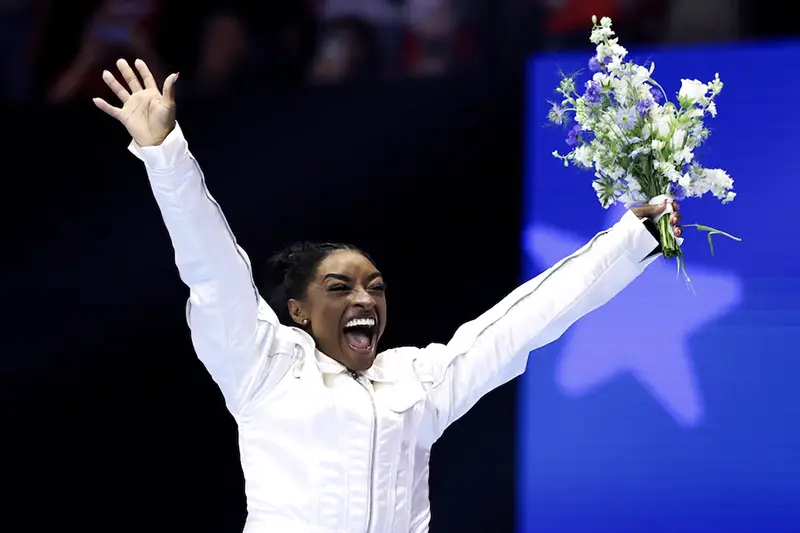 Simone Biles reacts after being selected for the 2024 U.S. Olympic Women's gymnastics team during the U.S. Olympic Team Gymnastics Trials at Target Center. Mandatory Credit: Matt Krohn-USA TODAY Sports/File Photo