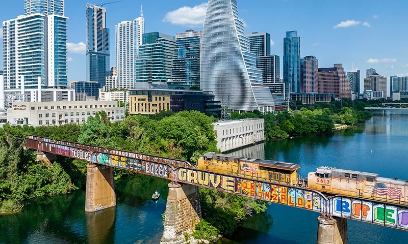 AUSTIN, TEXAS - APRIL 21: An aerial view of a Union Pacific train entering downtown on April 21, 2023 in Austin, Texas. Union Pacific Railroad reported low quarterly earnings, signaling an economic slowdown. (Photo by Brandon Bell via Getty Images)