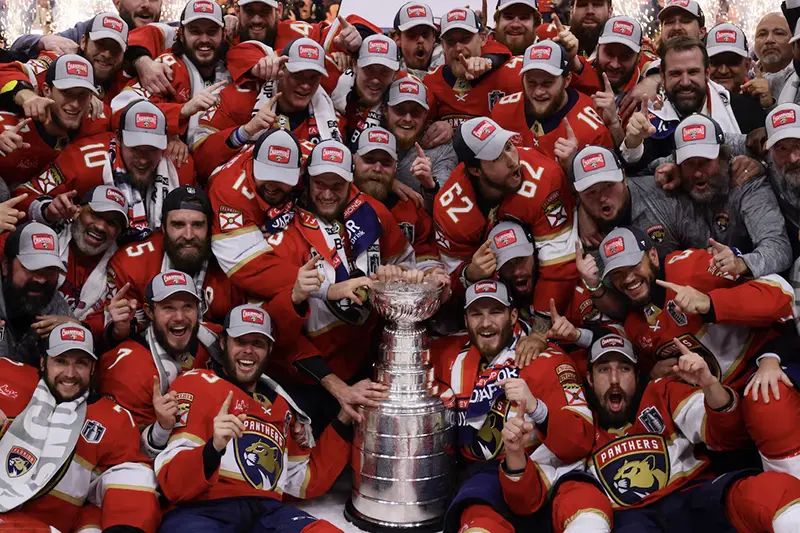 The Florida Panthers celebrate wininng the Stanley Cup against the Edmonton Oilers in game seven of the 2024 Stanley Cup Final at Amerant Bank Arena. Mandatory Credit: Jim Rassol-USA TODAY Sports