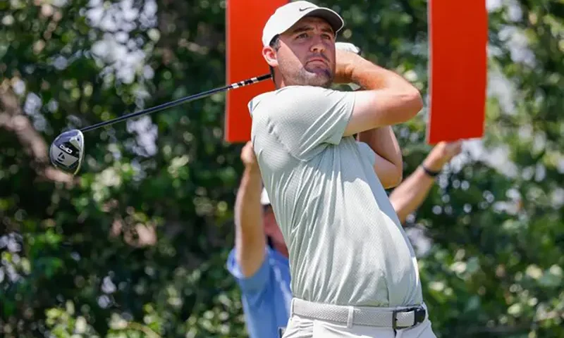 Scottie Scheffler hits his tee shot on #9 during the final round of the Charles Schwab Challenge golf tournament. Mandatory Credit: Andrew Dieb-USA TODAY Sports/File Photo