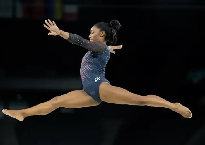 Simone Biles during a practice session before the Paris 2024 Olympic Summer Games at Bercy Arena. Mandatory Credit: Kyle Terada-USA TODAY Sports