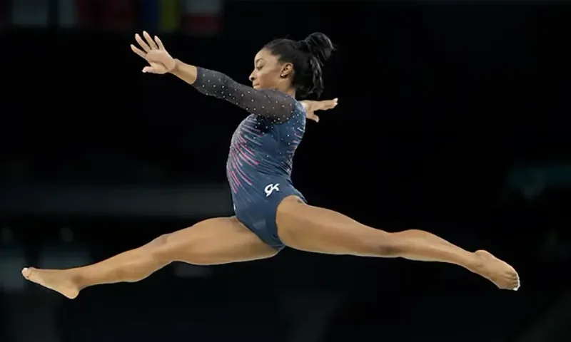 Simone Biles during a practice session before the Paris 2024 Olympic Summer Games at Bercy Arena. Mandatory Credit: Kyle Terada-USA TODAY Sports