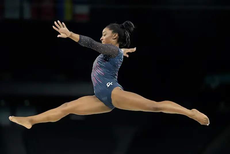 Simone Biles during a practice session before the Paris 2024 Olympic Summer Games at Bercy Arena. Mandatory Credit: Kyle Terada-USA TODAY Sports