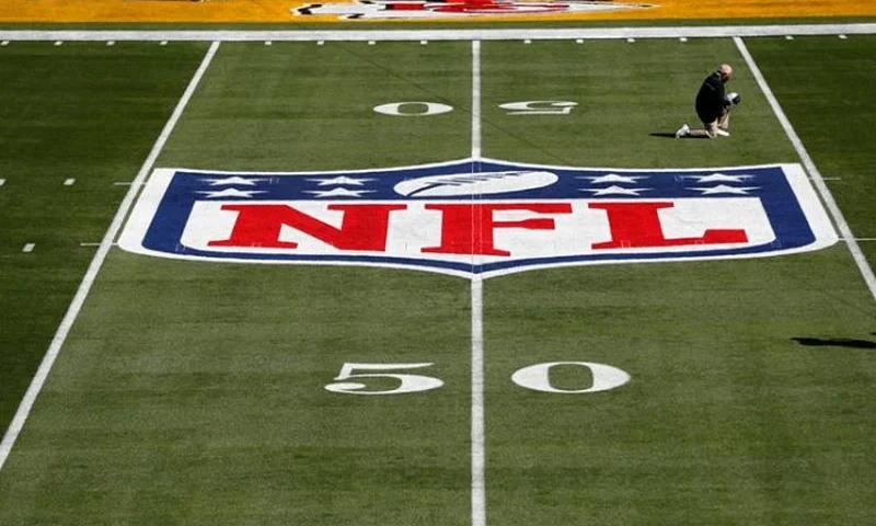 Feb 7, 2020; Tampa, FL, USA; General view of the NFL Shield logo on the field before Super Bowl LV between the Tampa Bay Buccaneers and the Kansas City Chiefs at Raymond James Stadium. Mandatory Credit: Kim Klement-USA TODAY Sports