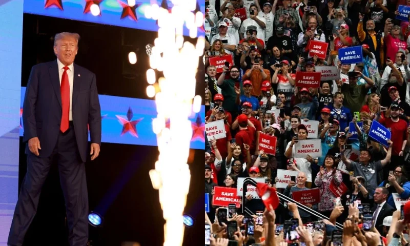 WEST PALM BEACH, FLORIDA - JULY 15: Former US President Donald Trump arrives on stage to speak at the Turning Point Action conference as he continues his 2024 presidential campaign on July 15, 2023 in West Palm Beach, Florida. Trump spoke at the event held in the Palm Beach County Convention Center. (Photo by Joe Raedle/Getty Images)/People in the crowd cheer as Former US President Donald Trump walks on stage during a "Save America" rally campaigning in support of Republican candidates in Anchorage, Alaska on July 9, 2022. (Photo by Patrick T. FALLON / AFP) (Photo by PATRICK T. FALLON/AFP via Getty Images)