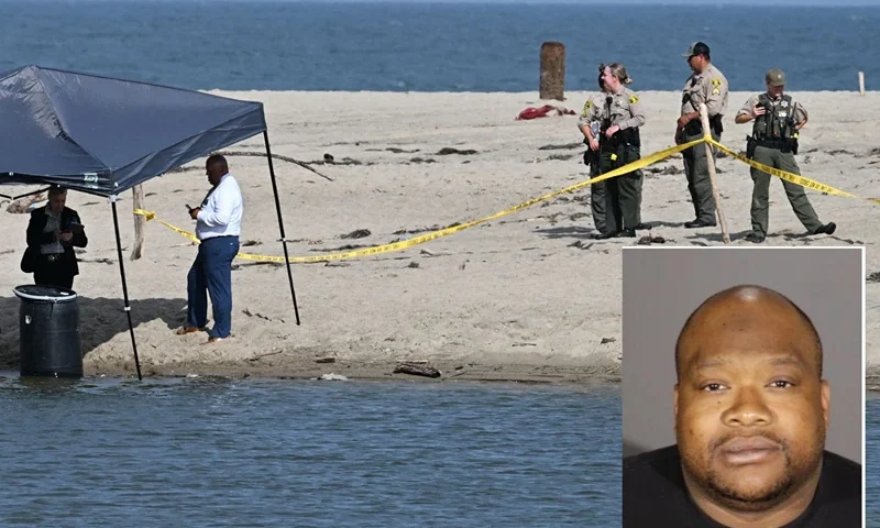 B| US-CRIME-MALIBU Officials stand next to a barrel where a body was discovered in Malibu Lagoon State Beach, California on July 31, 2023. A body stuffed in a barrel was discovered July 31, 2023 on Malibu Beach, a swanky Californian hotspot beloved by the rich and famous, police said. Reports said the man's corpse was crammed into a 55-gallon drum when it was discovered by maintenance workers. (Photo by Robyn Beck / AFP) (Photo by ROBYN BECK/AFP via Getty Images) F| Mugshot for Jonathan Simmons. (Photo via; Los Angeles County Sheriff's Department. )