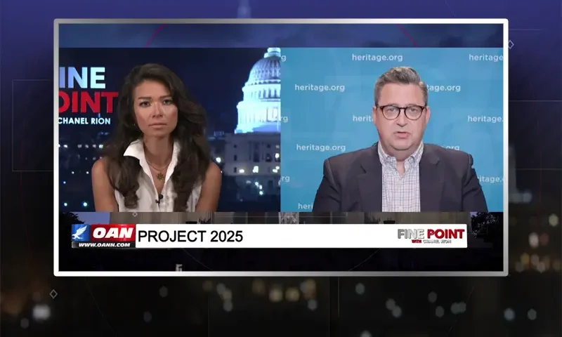 Video still from Fine Point on One America News Network showing a split screen of the host on the left side, and on the right side is the guest, Steven Groves.