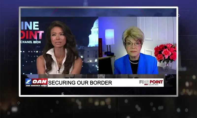 Video still from Fine Point on One America News Network showing a split screen of the host on the left side, and on the right side is the guest, Tara Rodas.