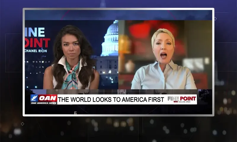 Video still from Fine Point on One America News Network showing a split screen of the host on the left side, and on the right side is the guest, Dr. Shea Bradley.