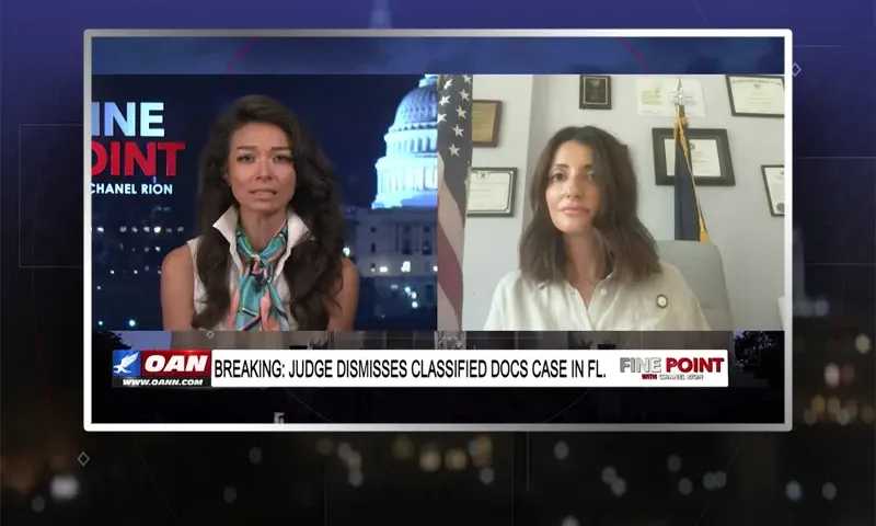 Video still from Fine Point on One America News Network showing a split screen of the host on the left side, and on the right side is the guest, Inna Vernikov.