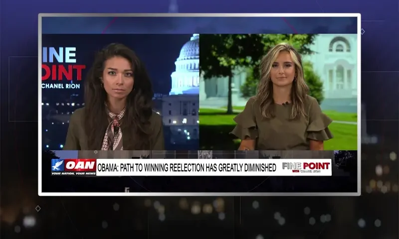 Video still from Fine Point on One America News Network showing a split screen of the host on the left side, and on the right side is the guest, Monica Paige.