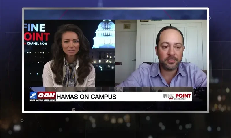 Video still from Fine Point on One America News Network showing a split screen of the host on the left side, and on the right side is the guest, Matthew Tyrmand.