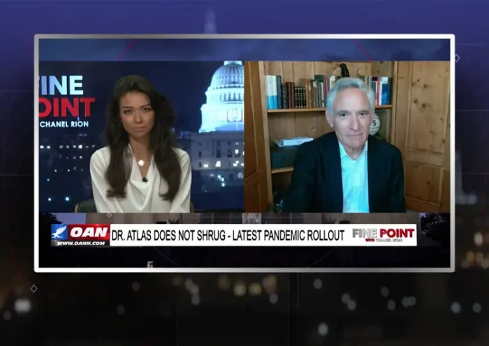 Video still from Fine Point on One America News Network showing a split screen of the host on the left side, and on the right side is the guest, Dr. Scott Atlas.