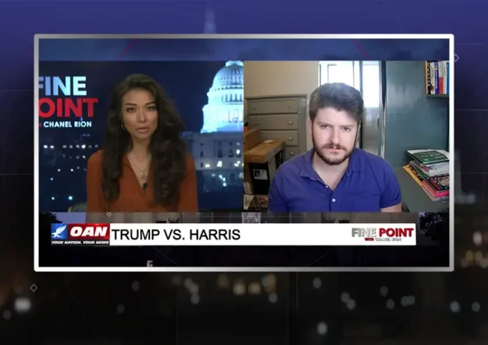 Video still from Fine Point on One America News Network showing a split screen of the host on the left side, and on the right side is the guest, Gavin Wax.