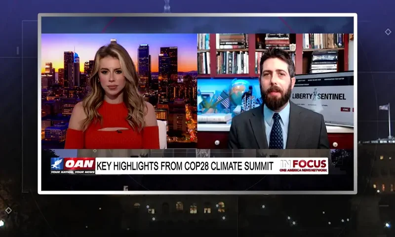 Video still from In Focus on One America News Network showing a split screen of the host on the left side, and on the right side is the guest, Alex Newman.