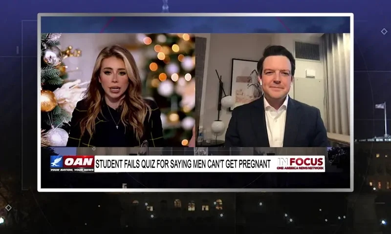 Video still from In Focus on One America News Network showing a split screen of the host on the left side, and on the right side is the guest, Ryan Helfenbein.