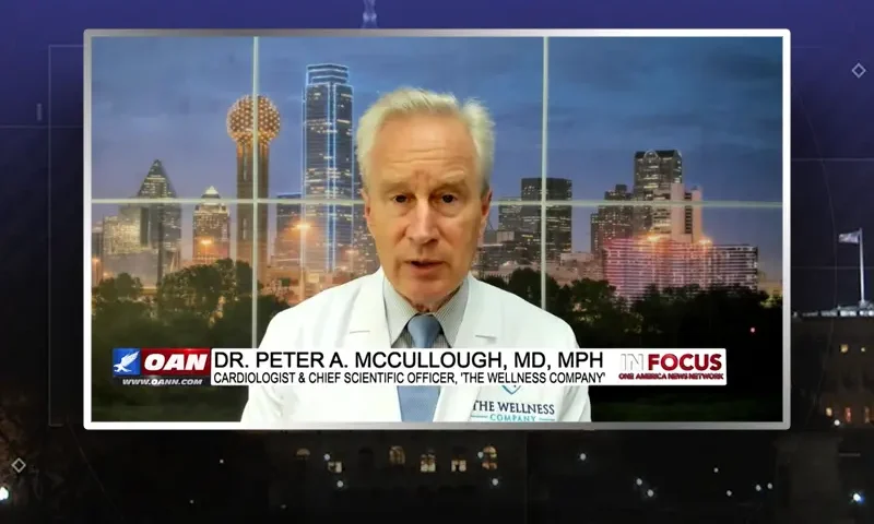 Video still from In Focus on One America News Network during an interview with the guest, Dr. Peter McCullough.