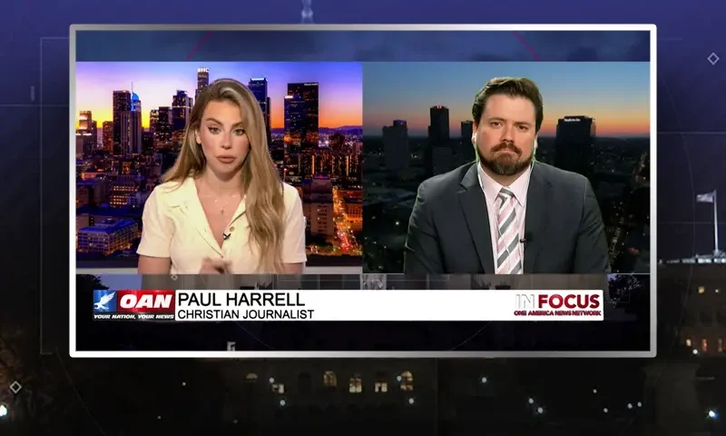 Video still from In Focus on One America News Network showing a split screen of the host on the left side, and on the right side is the guest, Paul Harrell.