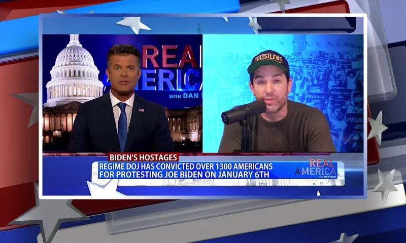 Video still from Real America on One America News Network showing a split screen of the host on the left side, and on the right side is the guest, Brandon Straka.