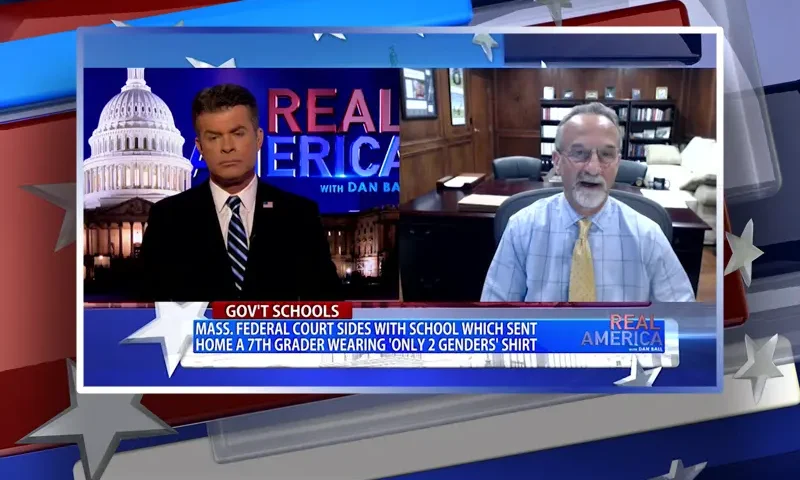 Video still from Real America on One America News Network showing a split screen of the host on the left side, and on the right side is the guest, David Cortman.