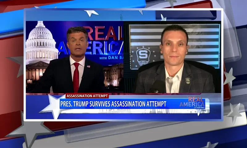 Video still from Real America on One America News Network showing a split screen of the host on the left side, and on the right side is the guest, Steve Friend.