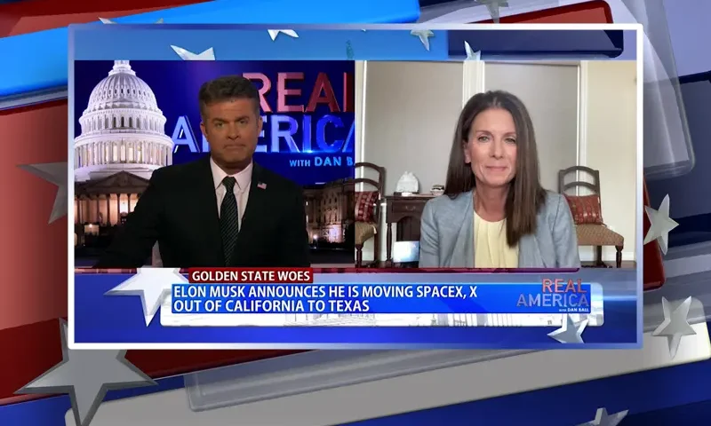 Video still from Real America on One America News Network showing a split screen of the host on the left side, and on the right side is the guest, Melissa Melendez.