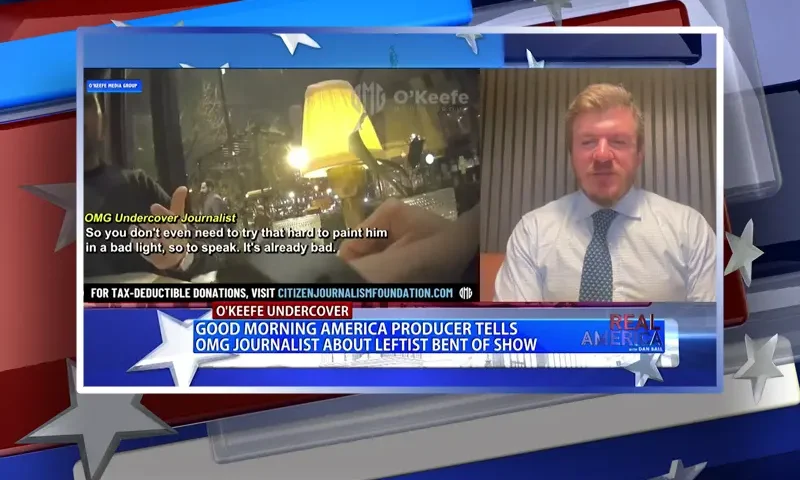 Video still from Real America on One America News Network during an interview with the guest, James O'Keefe.