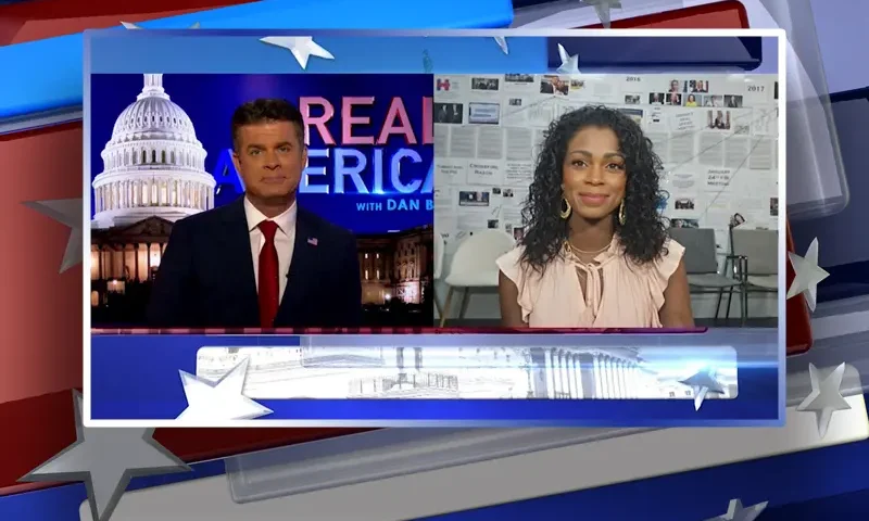 Video still from Real America on One America News Network showing a split screen of the host on the left side, and on the right side is the guest, Aly Legge.