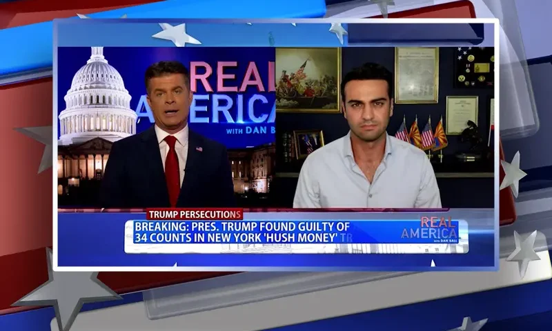 Video still from Real America on One America News Network showing a split screen of the host on the left side, and on the right side is the guest, Abe Hamadeh.