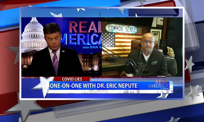 Video still from Real America on One America News Network showing a split screen of the host on the left side, and on the right side is the guest, Dr. Eric Nepute.