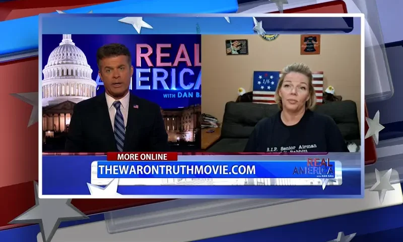 Video still from Real America on One America News Network showing a split screen of the host on the left side, and on the right side is the guest, Nicole Reffitt.