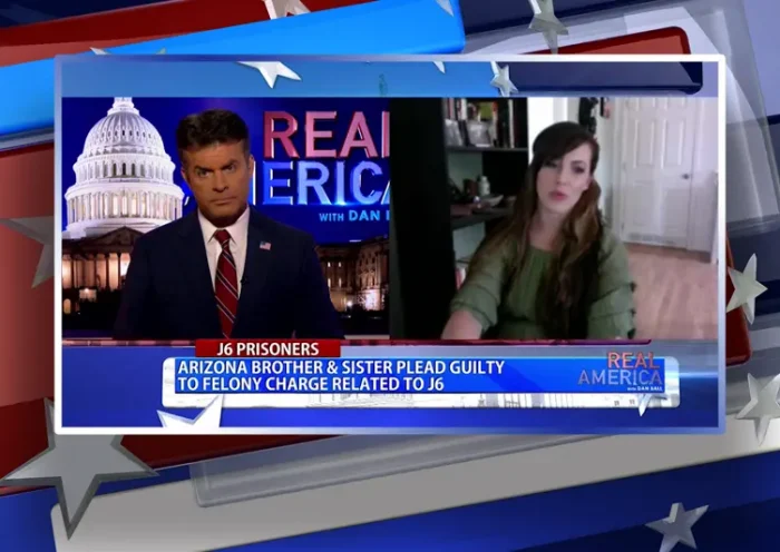 Video still from Real America on One America News Network showing a split screen of the host on the left side, and on the right side is the guest, Felicia Konold.