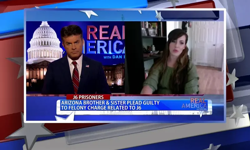 Video still from Real America on One America News Network showing a split screen of the host on the left side, and on the right side is the guest, Felicia Konold.