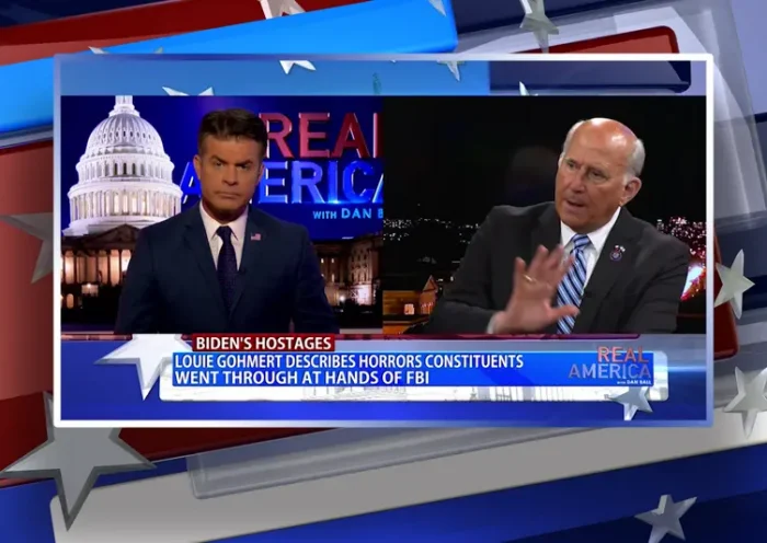 Video still from Real America on One America News Network showing a split screen of the host on the left side, and on the right side is the guest, Louie Gohmert.