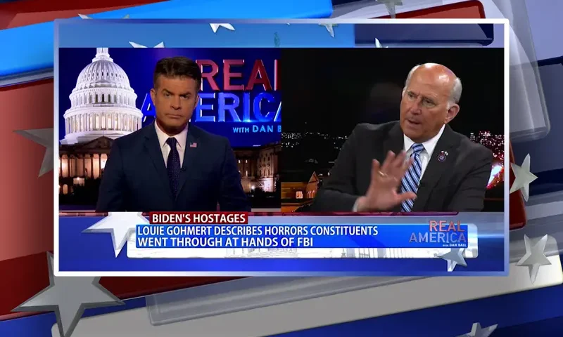 Video still from Real America on One America News Network showing a split screen of the host on the left side, and on the right side is the guest, Louie Gohmert.