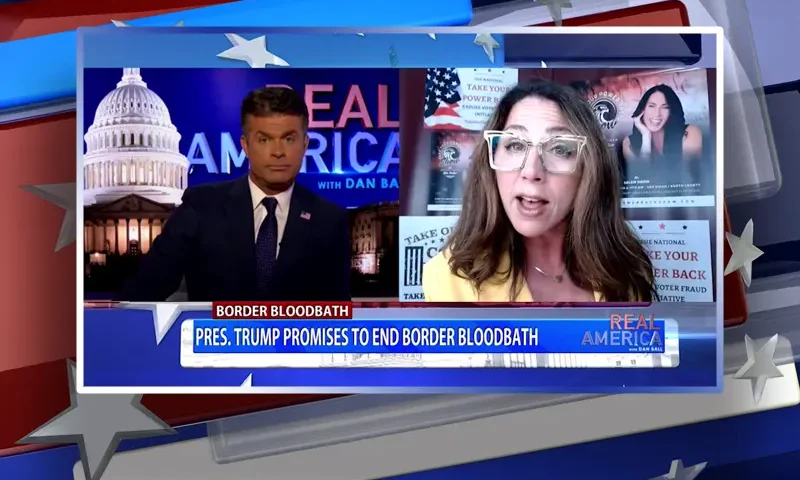 Video still from Real America on One America News Network showing a split screen of the host on the left side, and on the right side is the guest, Kim Yeater.