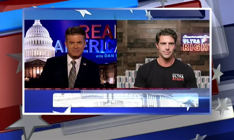 Video still from Real America on One America News Network showing a split screen of the host on the left side, and on the right side is the guest, Seth Weathers.