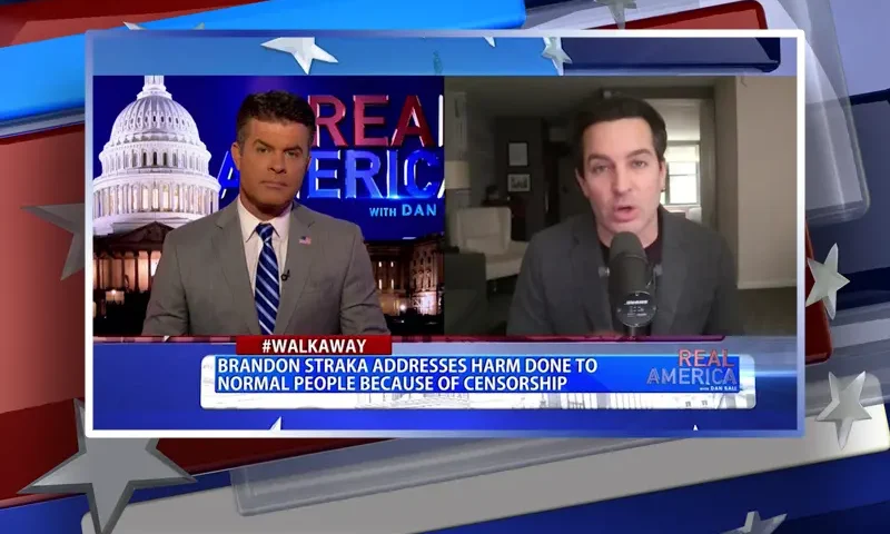 Video still from Real America on One America News Network showing a split screen of the host on the left side, and on the right side is the guest, Brandon Straka.